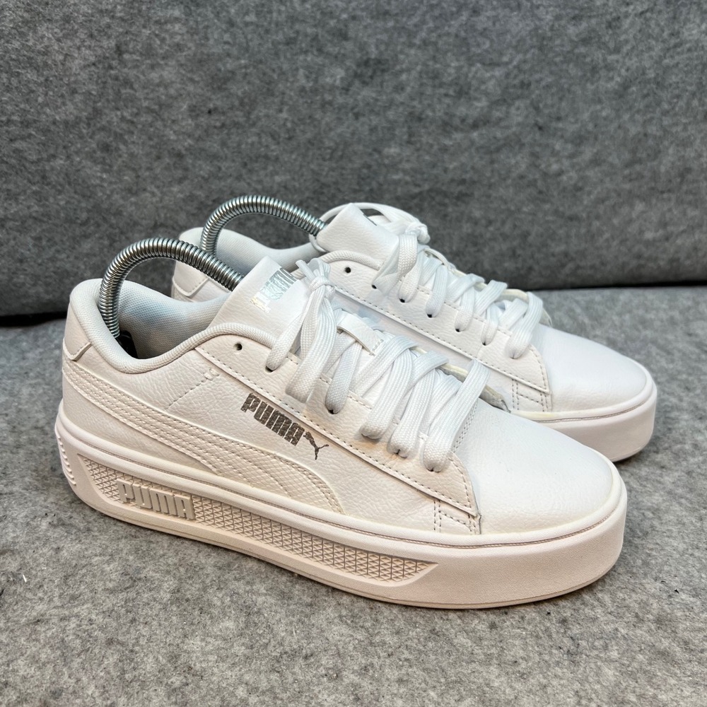 Puma White Leather Platform Sneakers Casual‎ Lace Up Shoes Classic Women's 8.5